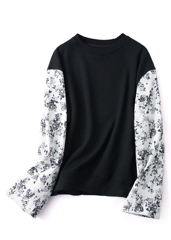 Black Oversized Patchwork Print Cotton Loose Sweatshirts Top Winter