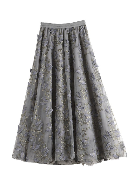 Black Butterfly Embroideried Elastic Waist Tulle Maxi Skirts Summer