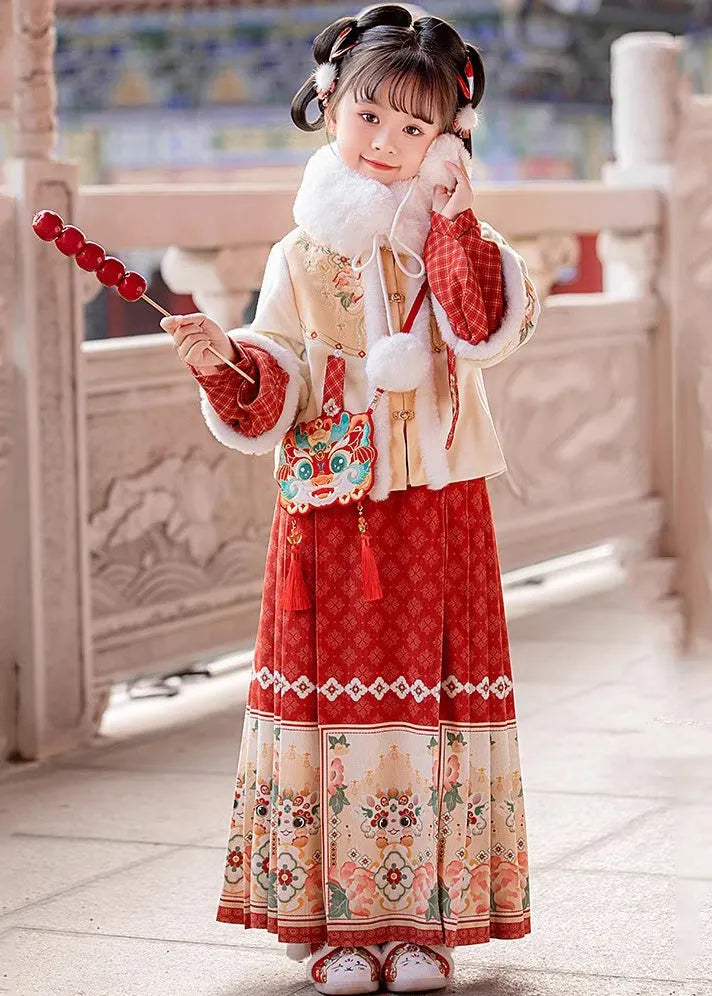 Handmade Beige Stand Collar Patchwork Warm Kids Coats and Maxi Skirts Two Pieces Set Winter