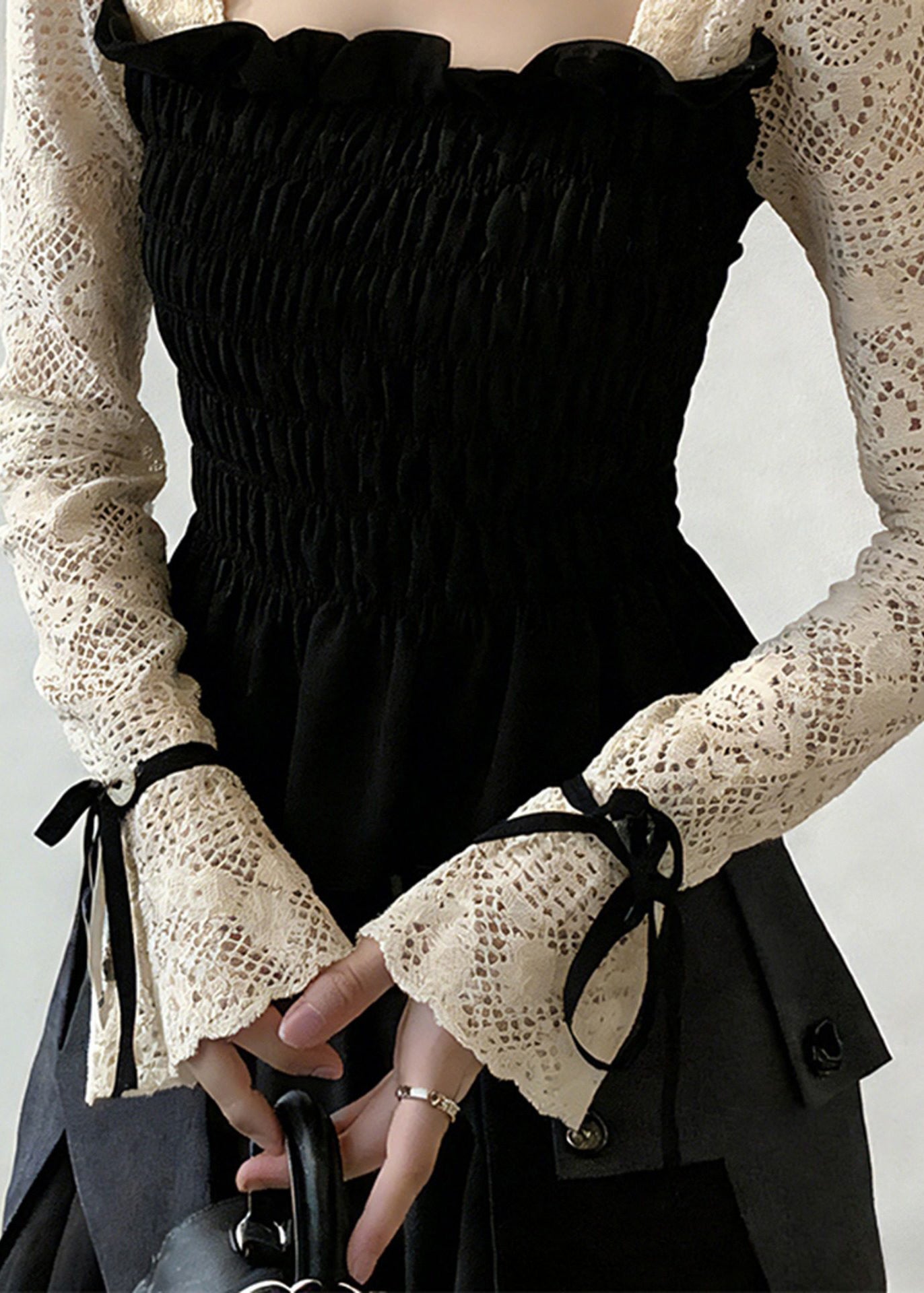 Black Square Collar Patchwork Cotton Shirt Tops Flare Sleeve