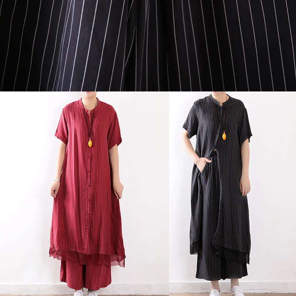 Red Striped Silk Shirt Dress and Elastic Waist Wide Leg Pants Two Pieces