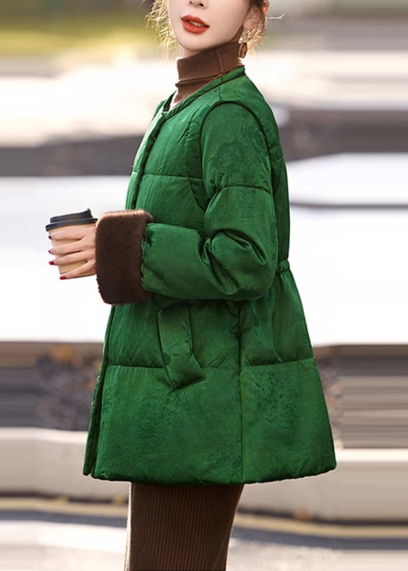 Green Cinched Jacquard Duck Down Down Coat Winter