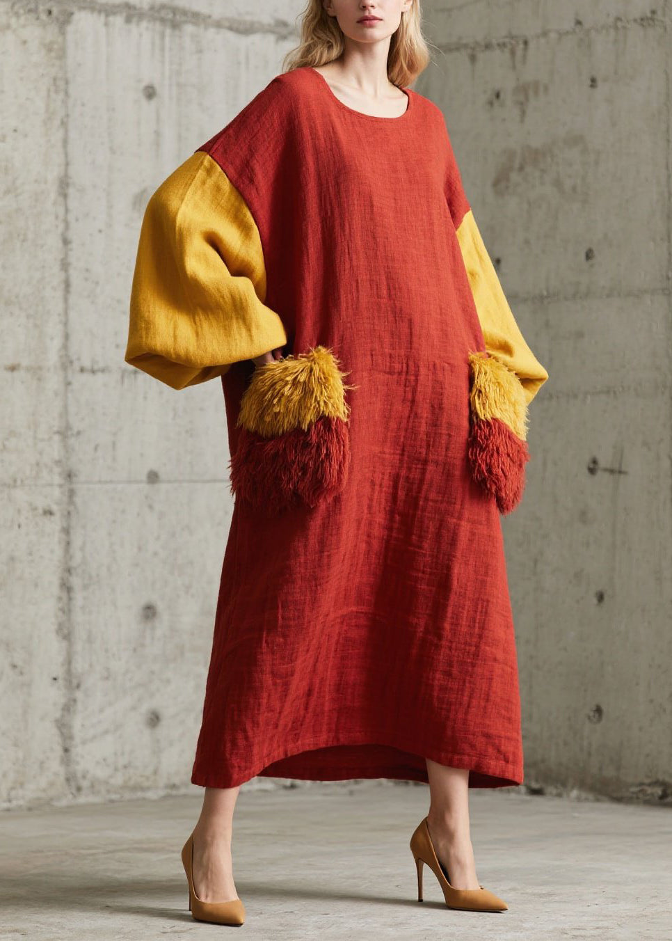 Red Oversized Patchwork Faux Fur Vacation Dress Lantern Sleeve