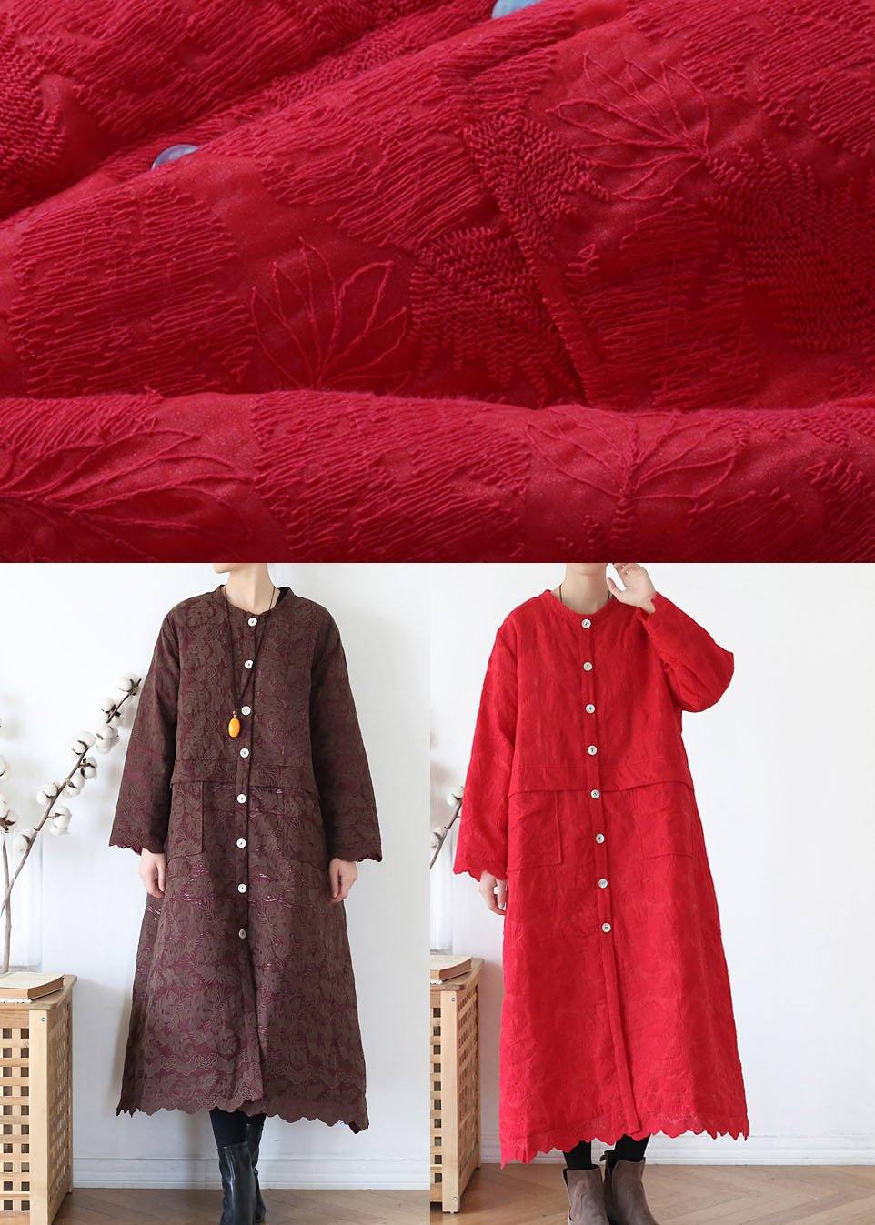 Unique Coffee Retro Jacquard Pockets Fall Coats Long Sleeve