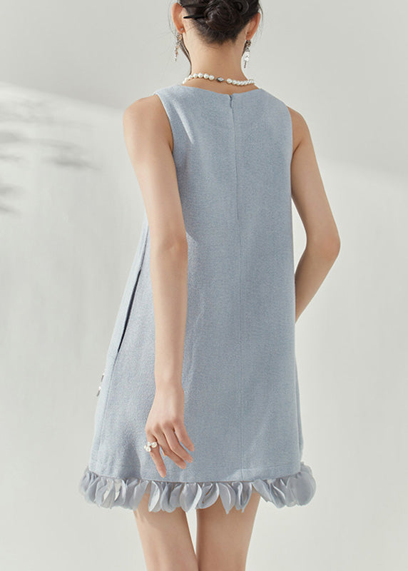 Blue O-neck Patchwork Nail Bead Mid Dresses Sleeveless