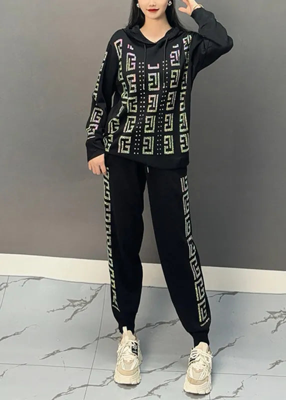 Black Print Hooded Top and Beam Pants Two Pieces Set Spring
