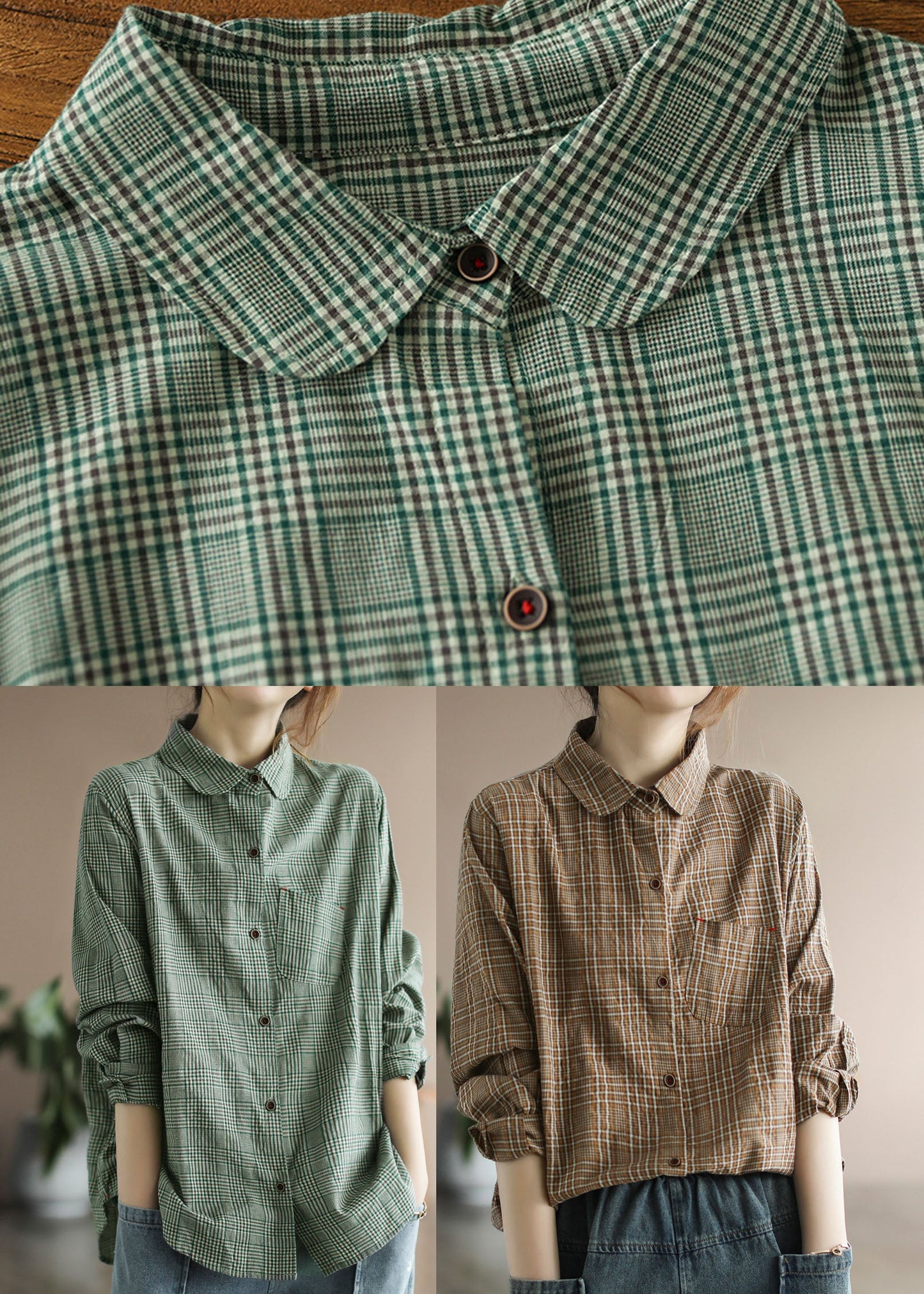 Coffee Plaid Cotton Shirt Tops Pocket Long Sleeve