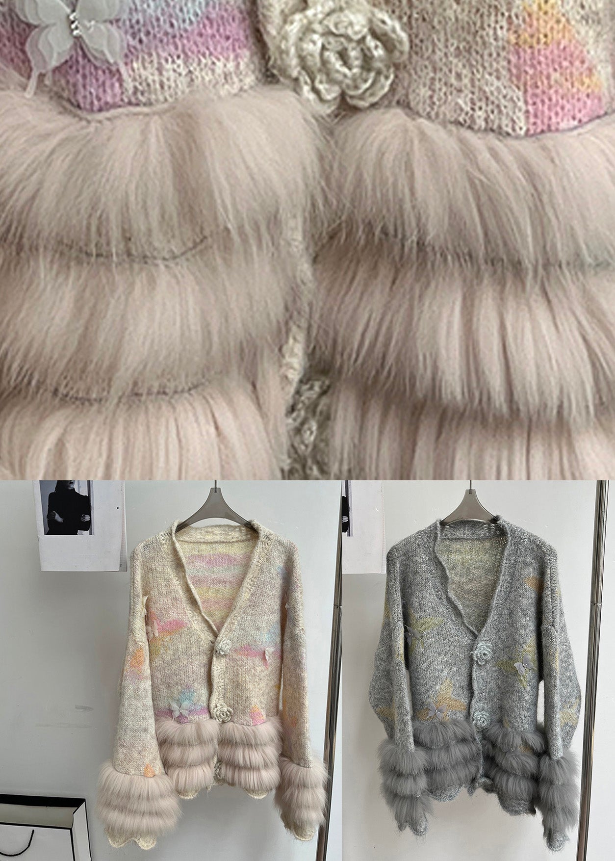 Modern Light Grey V Neck Fur Cotton Knit Cardigans Fall