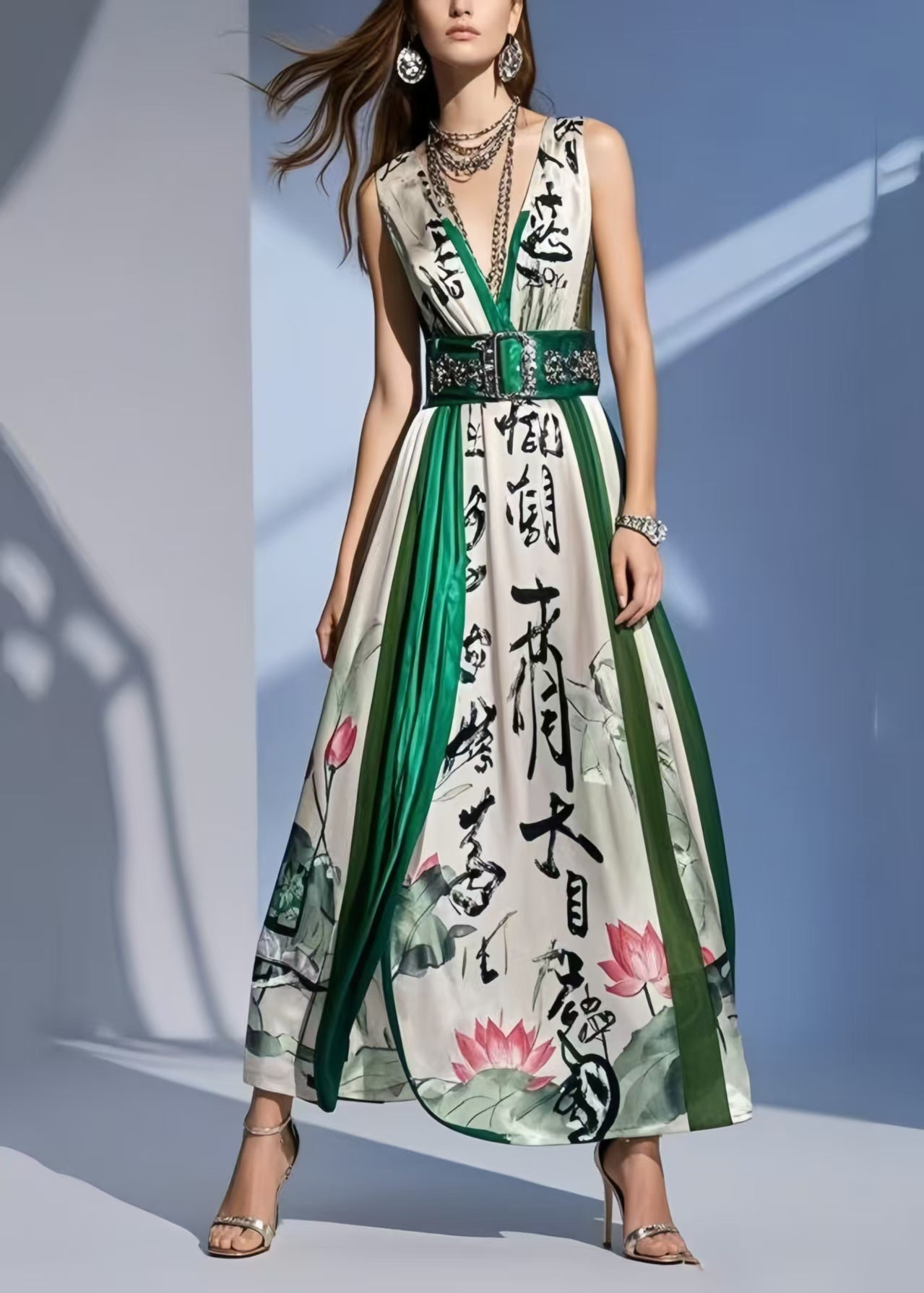 White Print Draping Silk Tunic Dresses Sleeveless