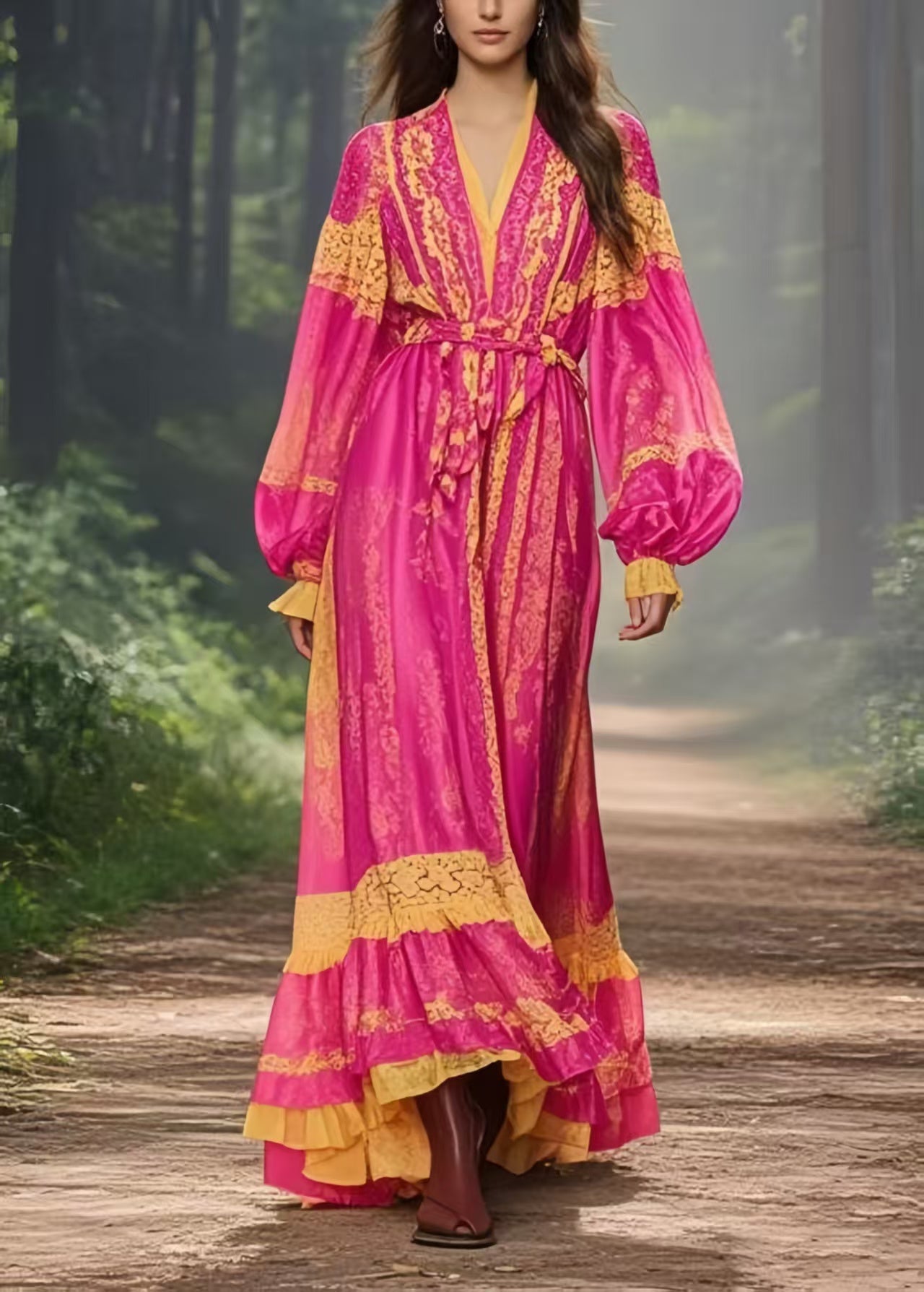 Rose Cinched Exra Large Hem Silk Vacation Dress Spring