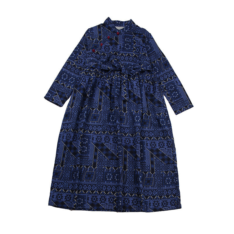 Winter Retro Print Cotton Linen Furred Dress