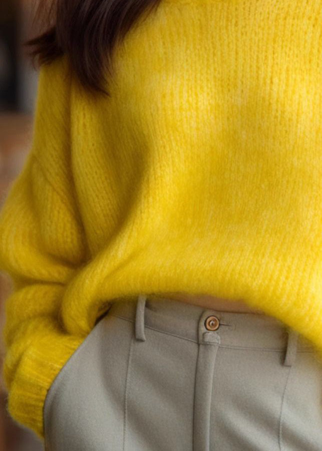Simple Yellow O Neck Cotton Knit Sweater Long Sleeve