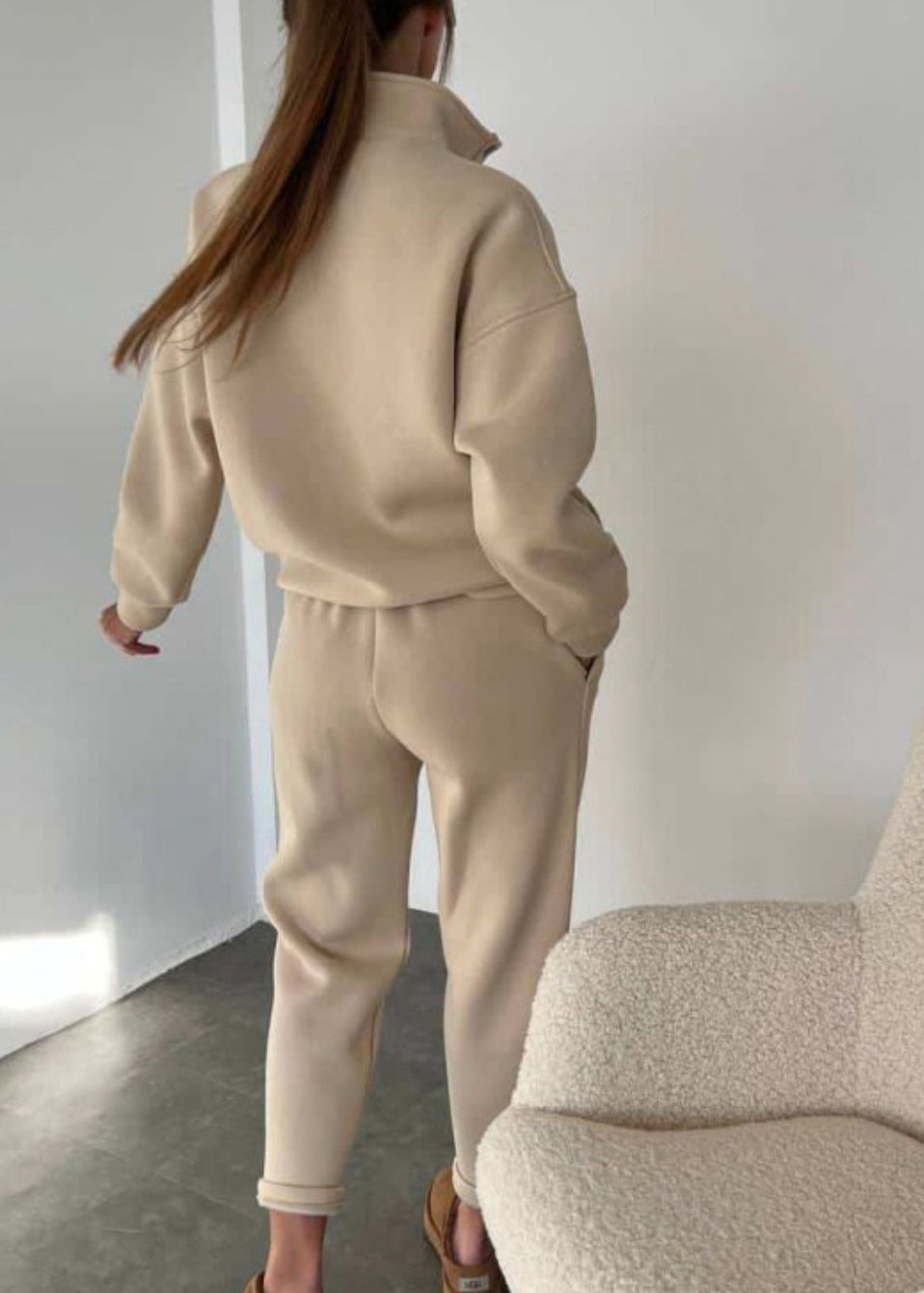 Apricot Stand Collar Button Tops and Pants Two Pieces Set Fall