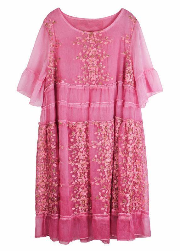 Rose Embroidered Patchwork Summer Dresses Half Sleeve