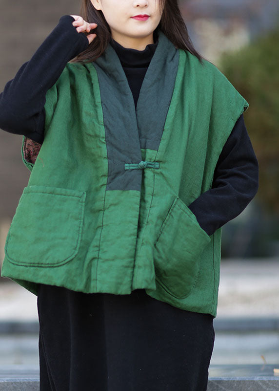 Green V Neck Patchwork Thick Fine Cotton Filled Vests Winter