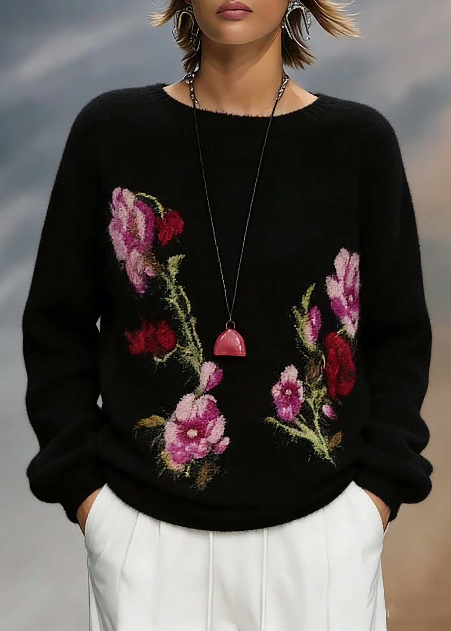 Jacquard Black O-neck Cotton Knit Sweaters Spring