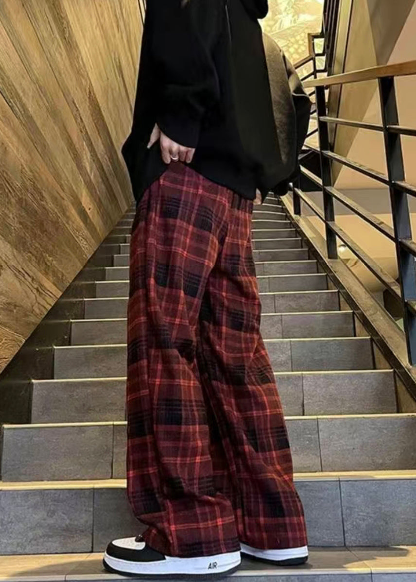 French Red Plaid Elastic Waist Warm Fleece Pants Winter