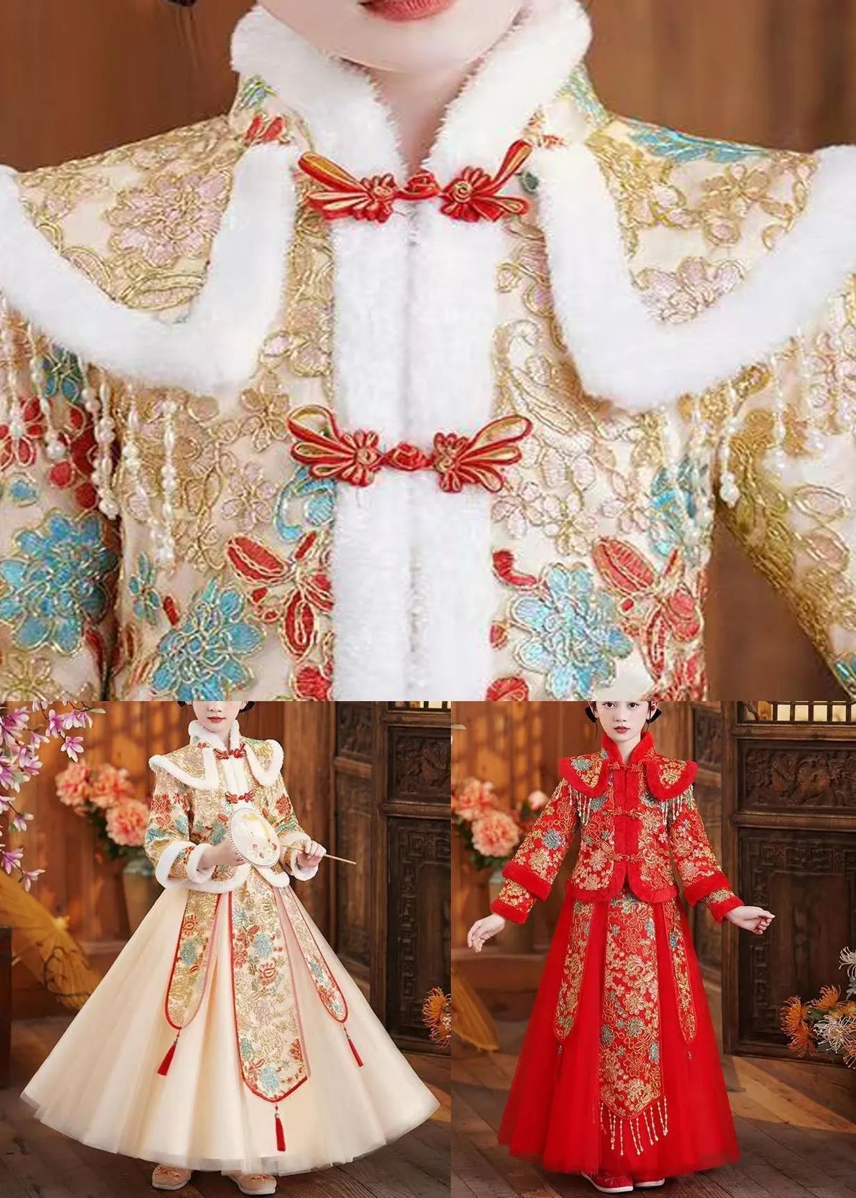 Art Red Embroideried Warm Fleece Kids Coats and Maxi Skirts Two Piece Set Long Sleeve