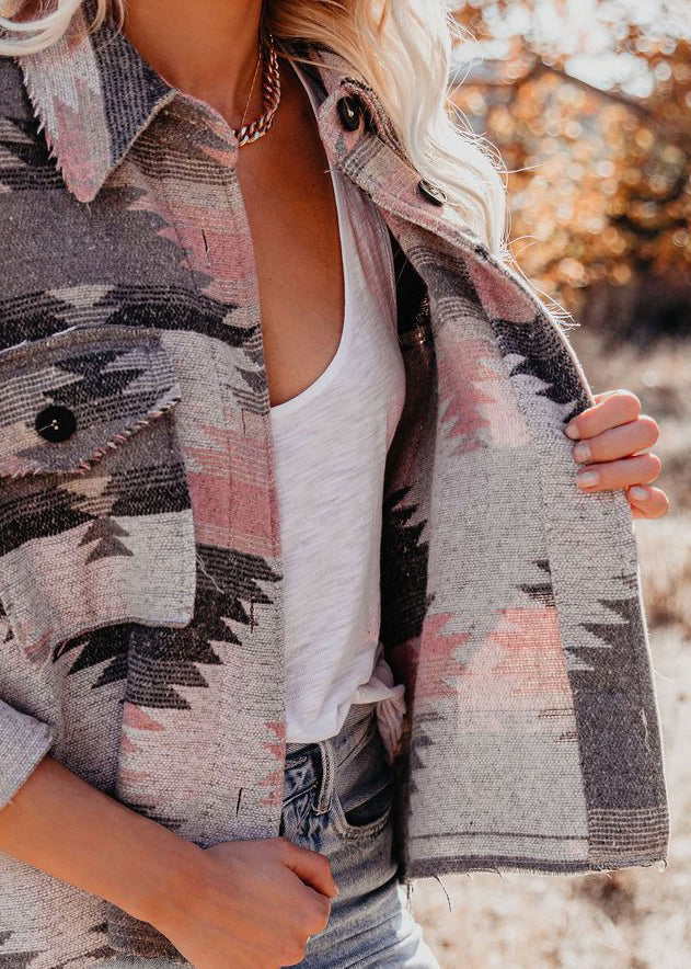 Pink Peter Pan Collar Print Button Coats Fall