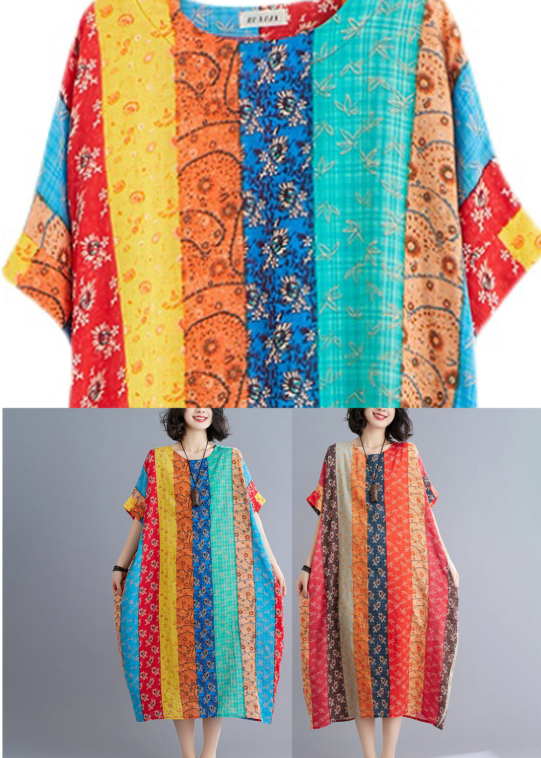 Loose Coffee Orange O-neck Print Beach Dresses Short Sleeve