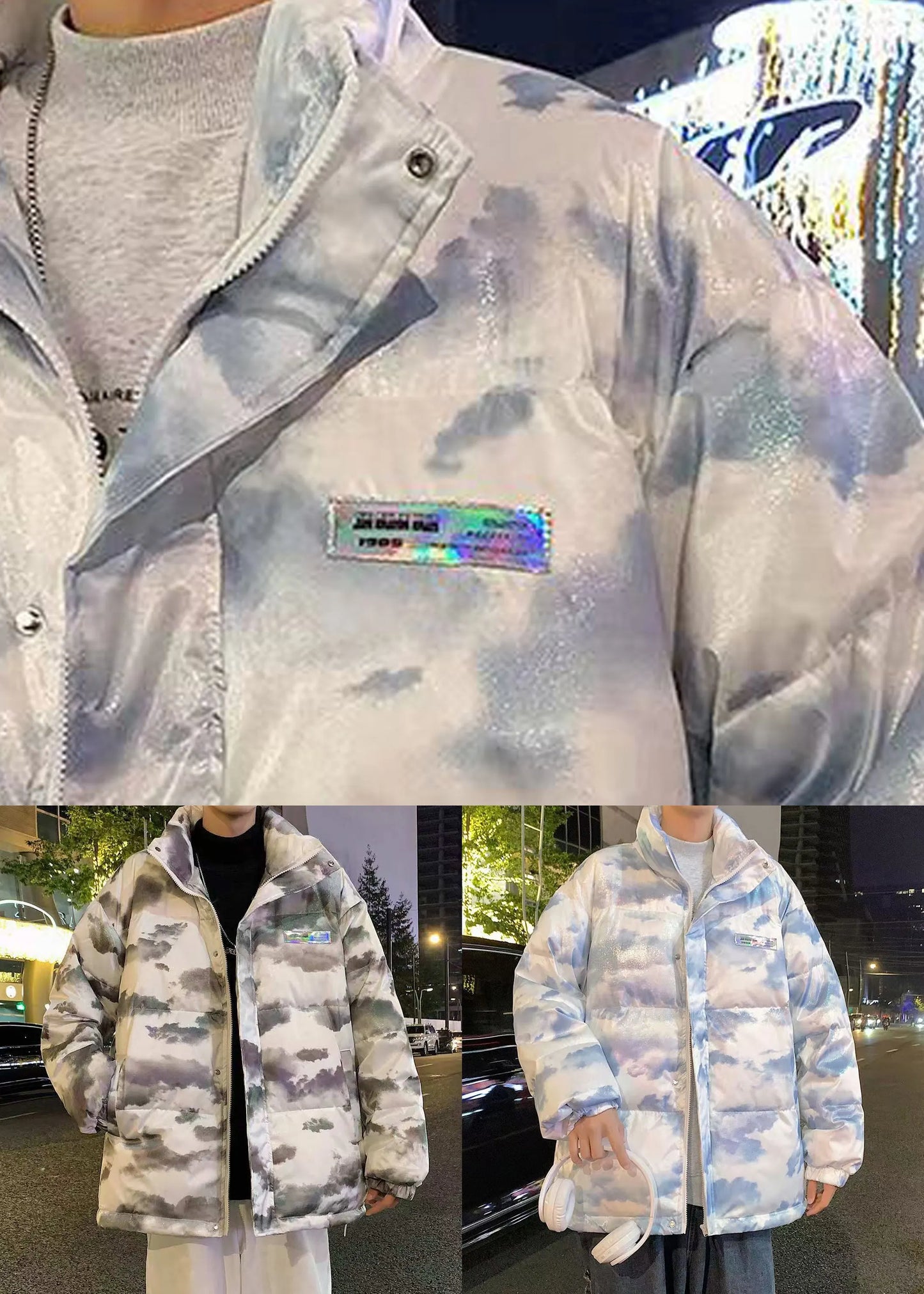 Blue Zip Up Tie Dye Duck Down Down Coat Winter