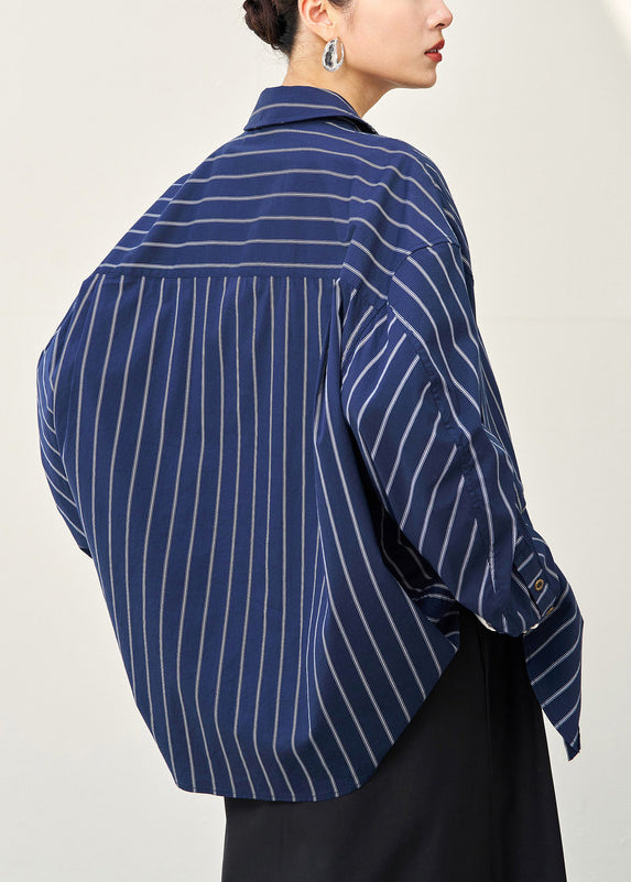 Navy Striped Button Cotton Shirt Fall
