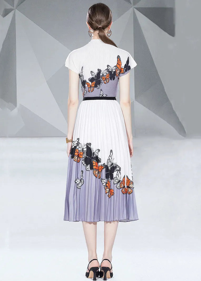 Blue Butterfly Print Patchwork Tops and Skirts Cotton Two Pieces Set Summer