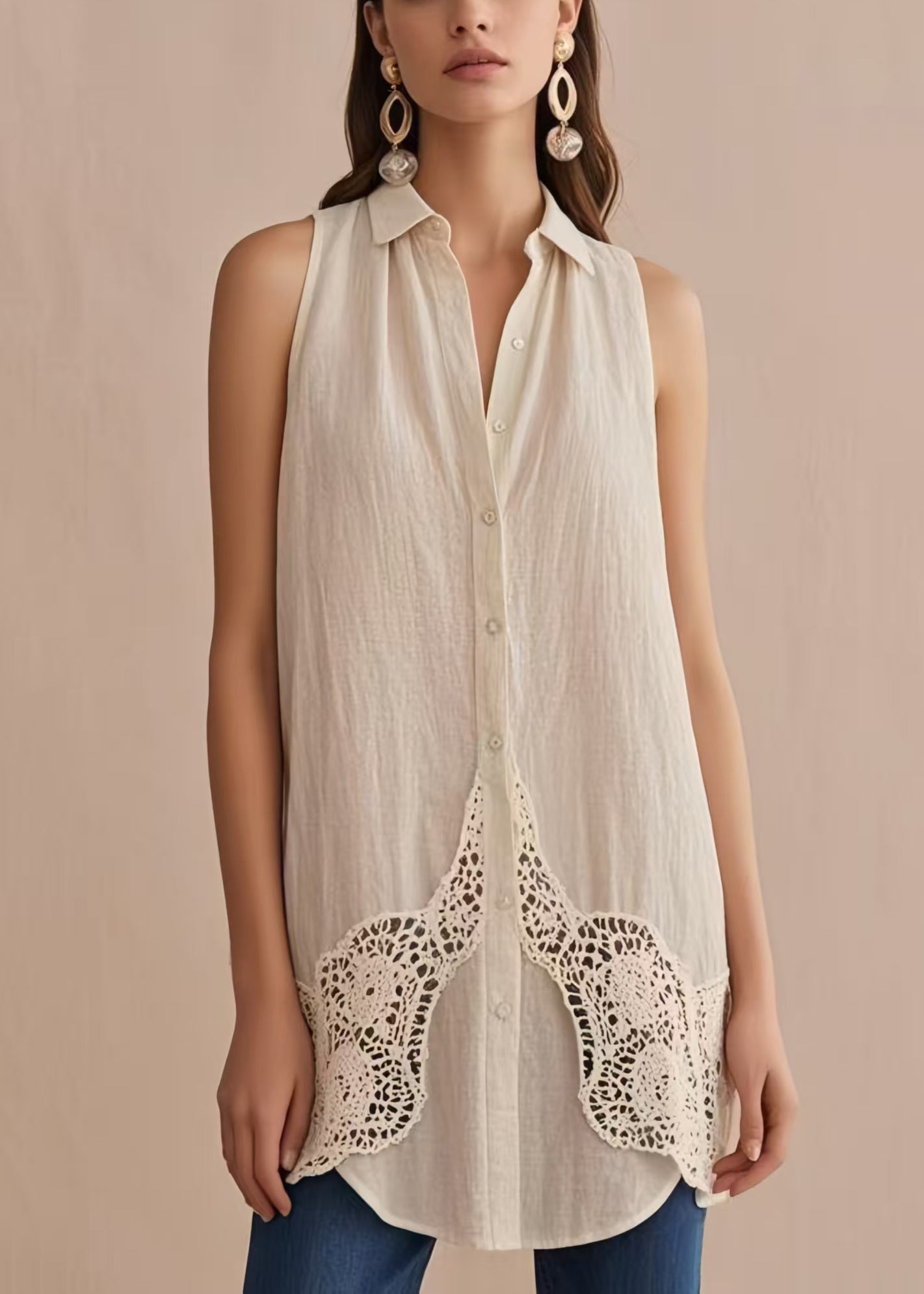 White Peter Pan Collar Patchwork Linen Shirts Sleeveless
