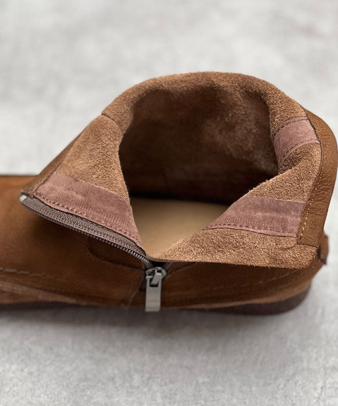Coffee Cowhide Leather Boots Zippered Ankle Boots