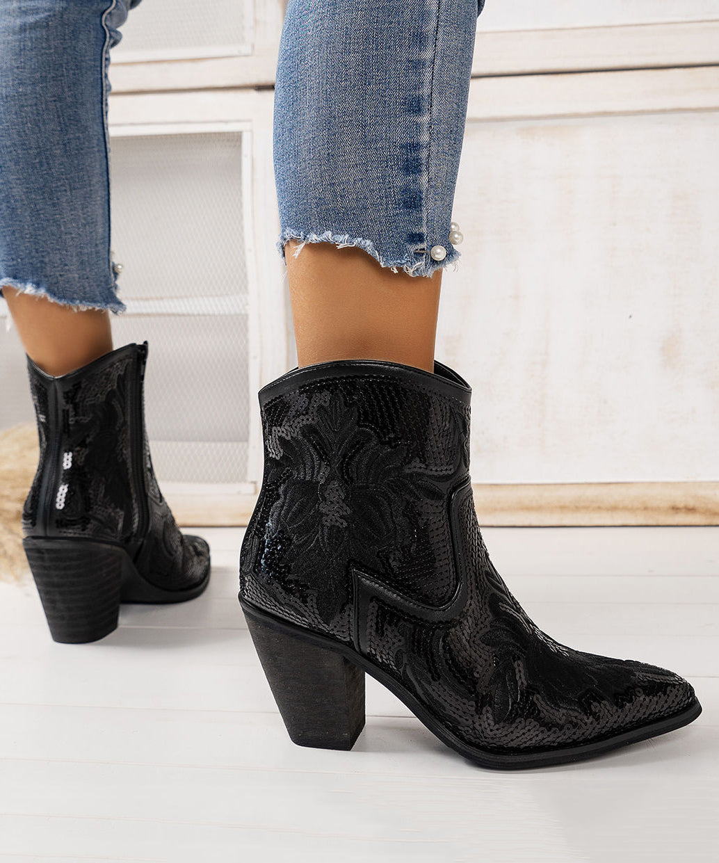 Black Embossed Sequins Cotton Fabric Chunky Ankle Boots
