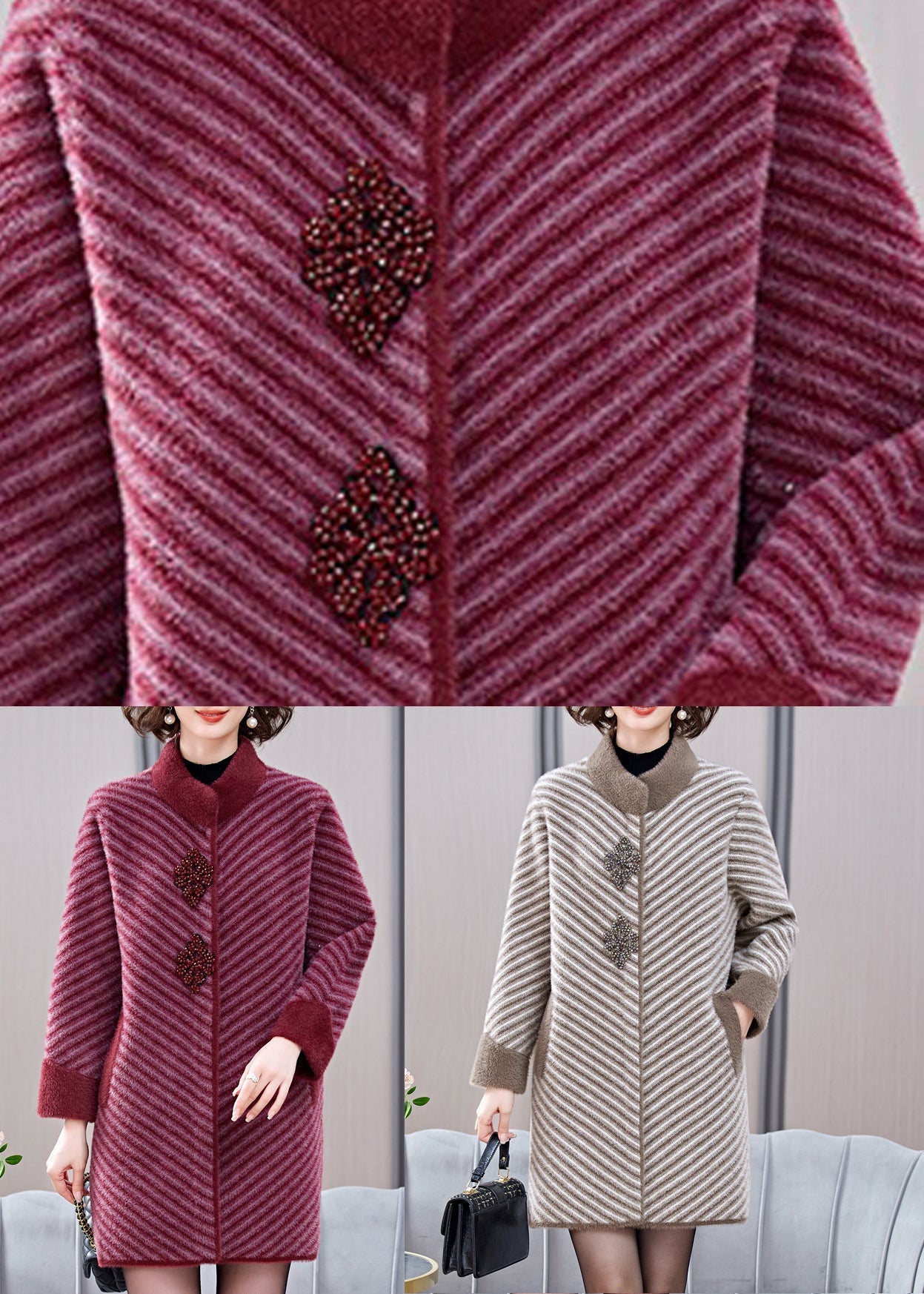 Mulberry Striped Patchwork Mink Velvet Coats Spring