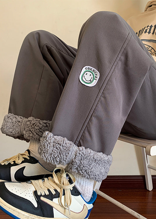 Grey Elastic Waist Thick Fleece Wool Lined Pants Winter