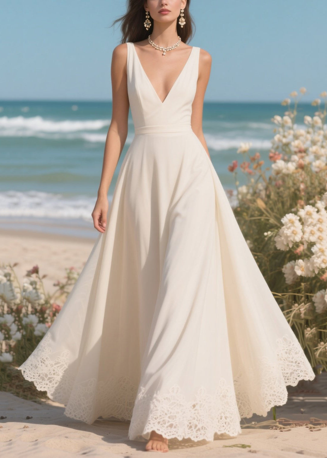 White V Neck Exra Large Hem Draping Chiffon Dresses Summer