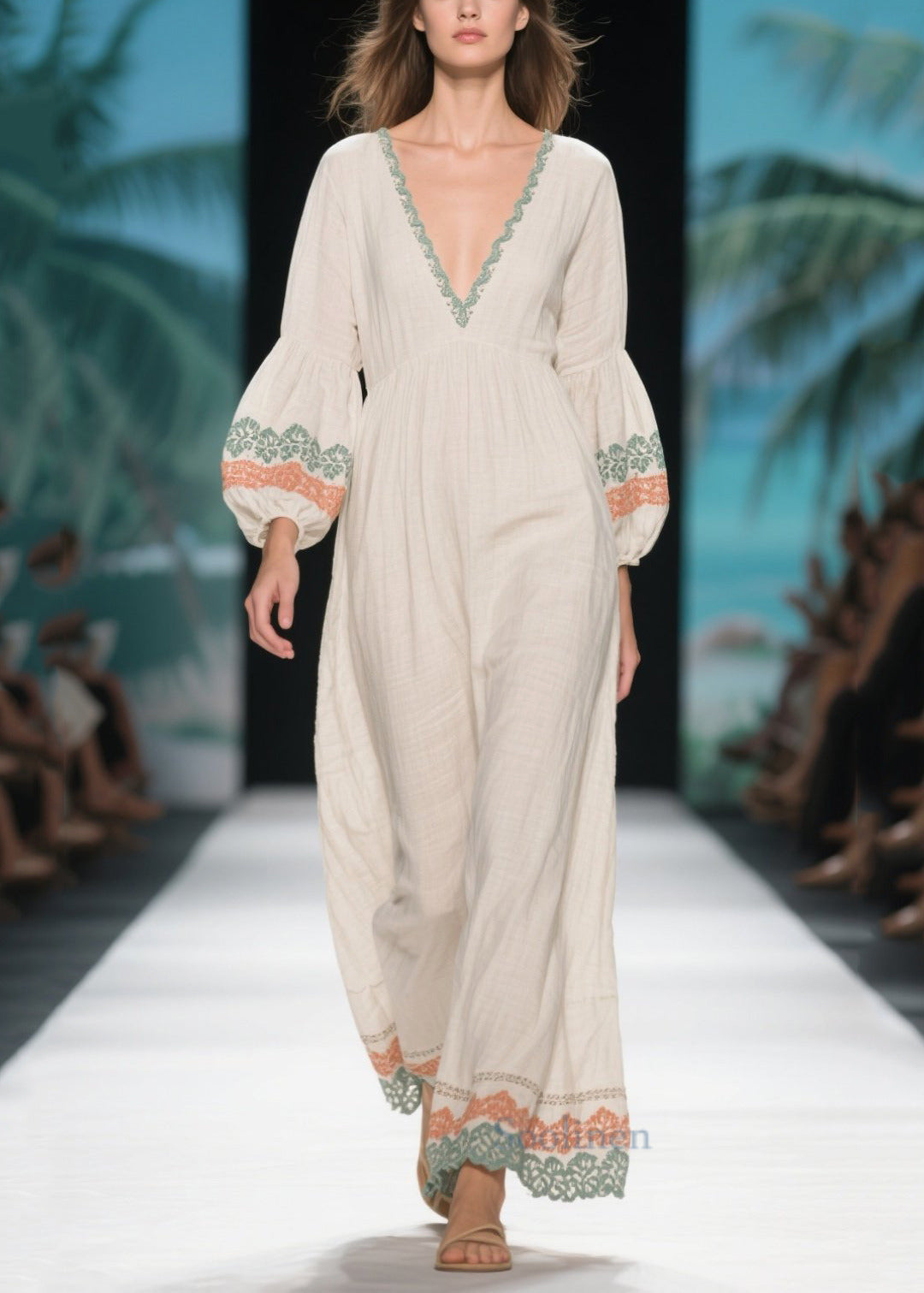 White V Neck Patchwork Linen Dress Lantern Sleeve