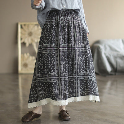 Retro Linen Print Cozy Loose A-line Trimmed Skirt