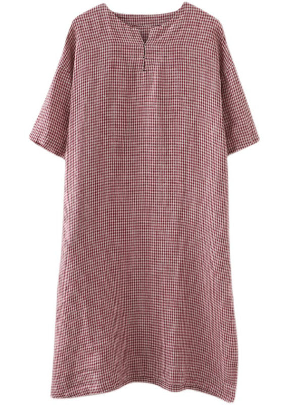 Red Pockets Plaid Cotton Vacation Dresses Short Sleeve