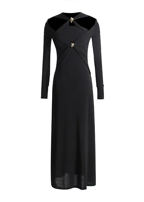 Italian Black Hollow Out Patchwork Cotton Long Dress Fall