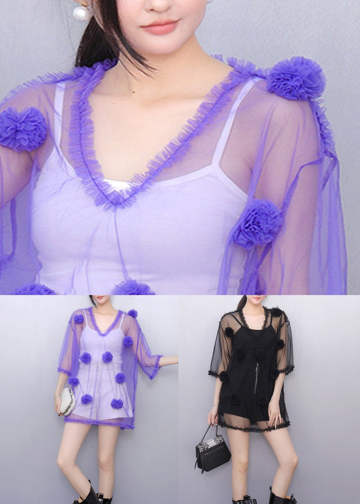 Black Ruffled Tulle Top V Neck Half Sleeve