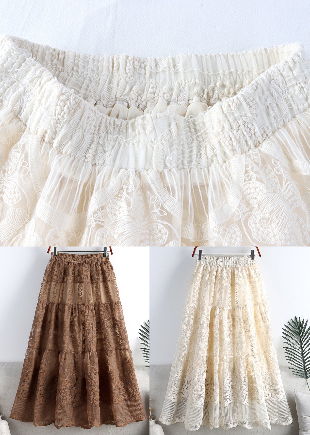 Chocolate Colour Embroideried High Waist Tulle a Line Skirt Fall