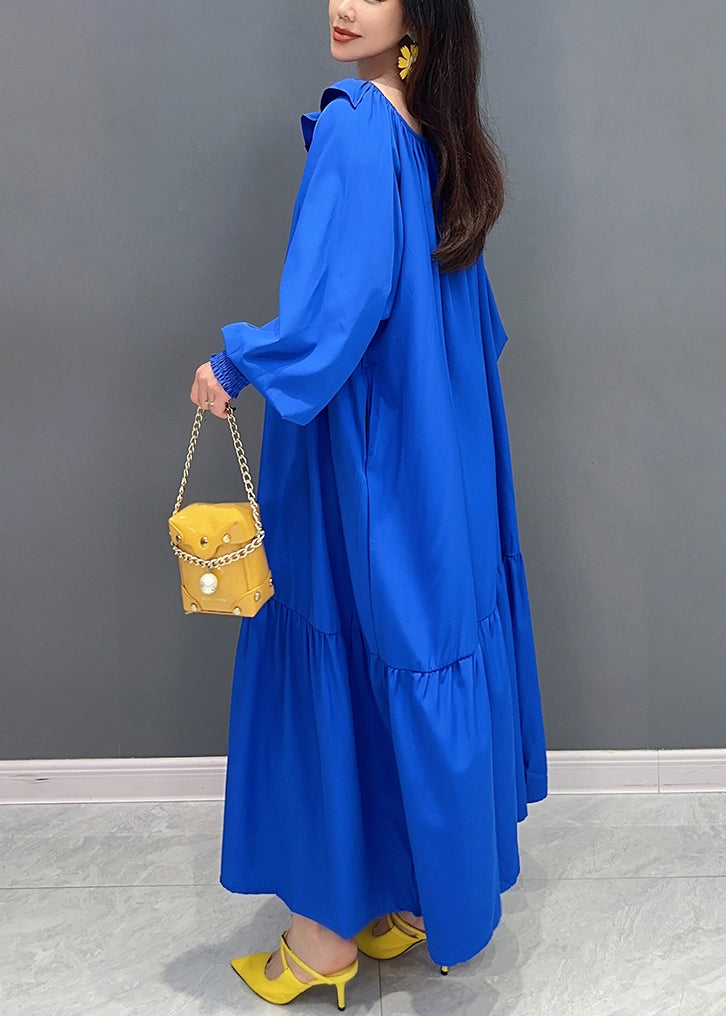 Blue O-neck Patchwork Long Dress Lantern Sleeve