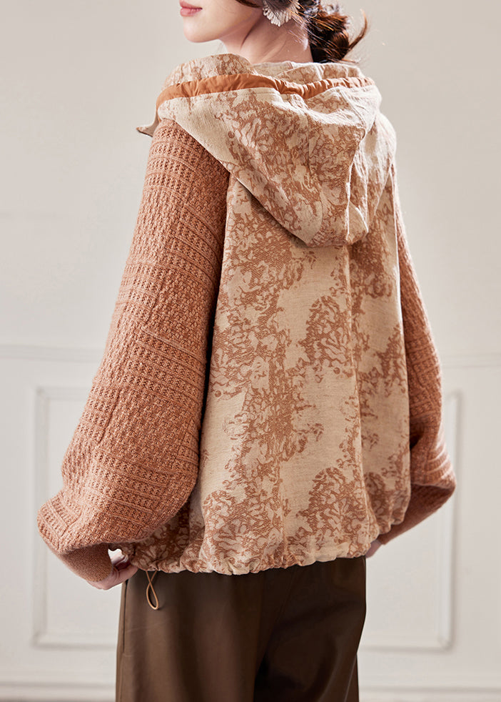 Caramel Hooded Drawstring Knit Patchwork Coat Fall