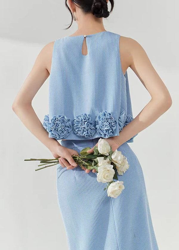 Loose Blue Striped Tank and Skirts Two Piece Set Sleeveless