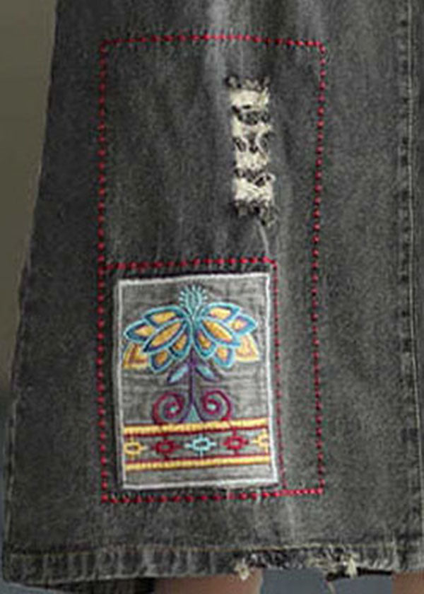 Black Side Open Embroideried Pockets Cotton Denim Ripped Skirt Cozy