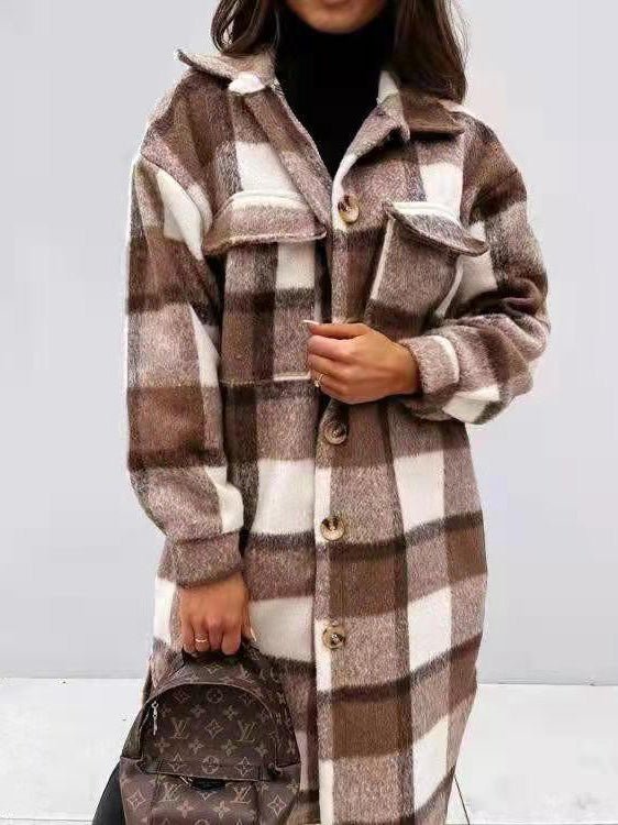 Coats Single Breasted Plaid Brushed Mid Length Wool Coat