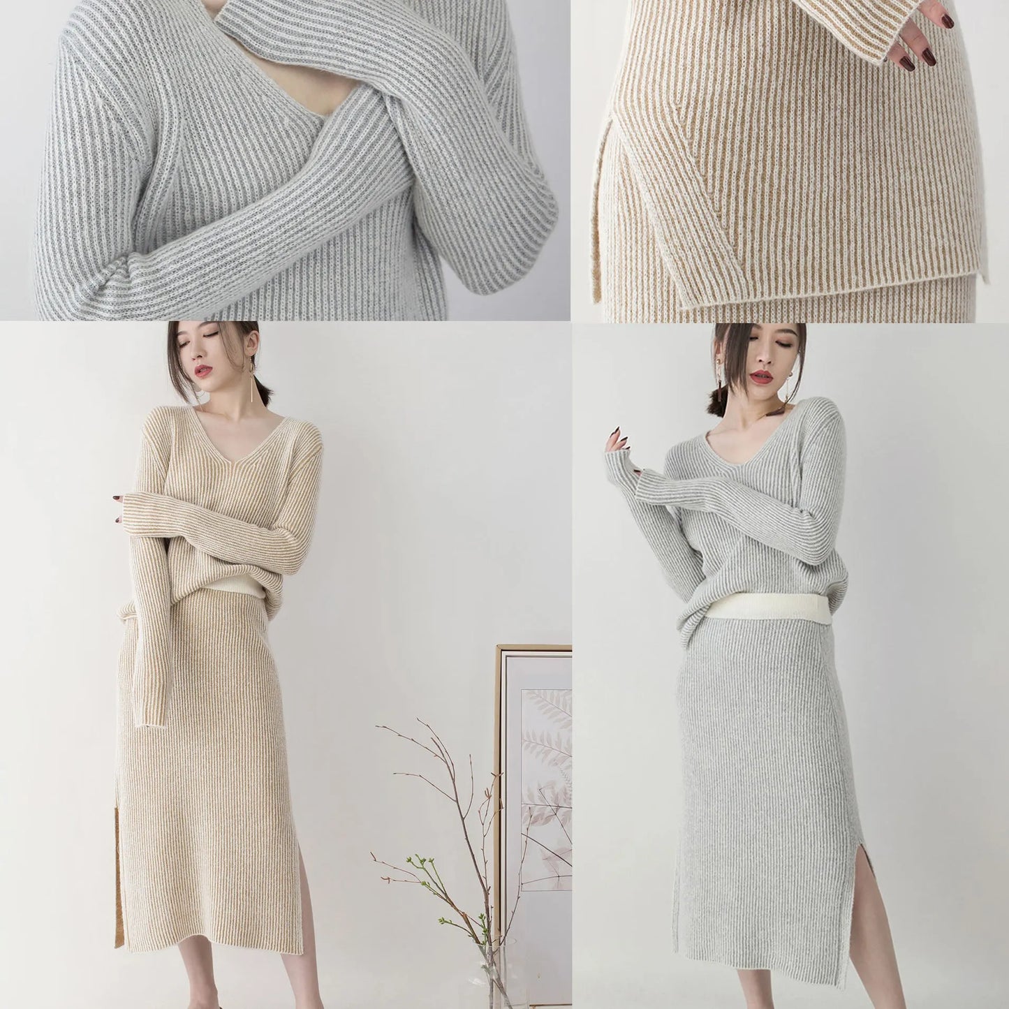 Gray Knit Sweaters Clothing V Neck Knitted Blouses Side Open Skirt Two Pieces