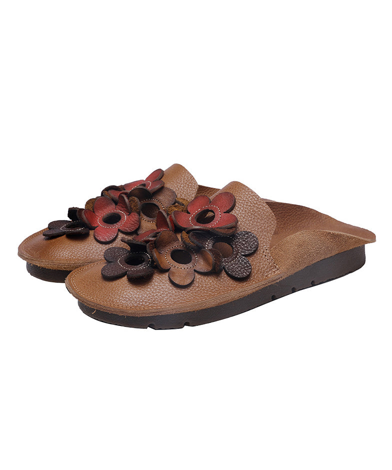 Brown Cowhide Leather Soft Splicing Hollow Out Slide Sandals