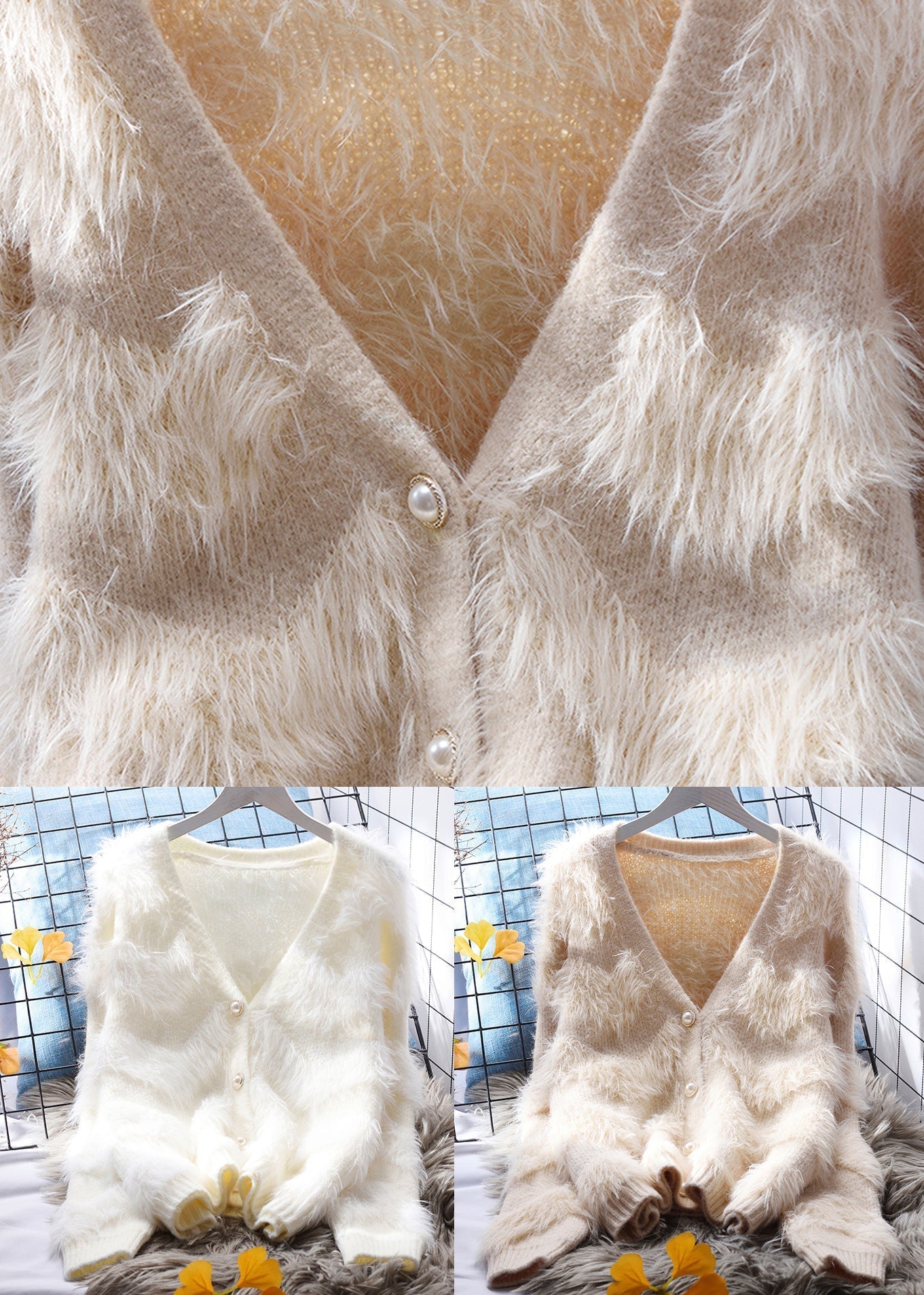 Khaki Patchwork Mink Hair Knitted Cardigan V Neck Button Fall