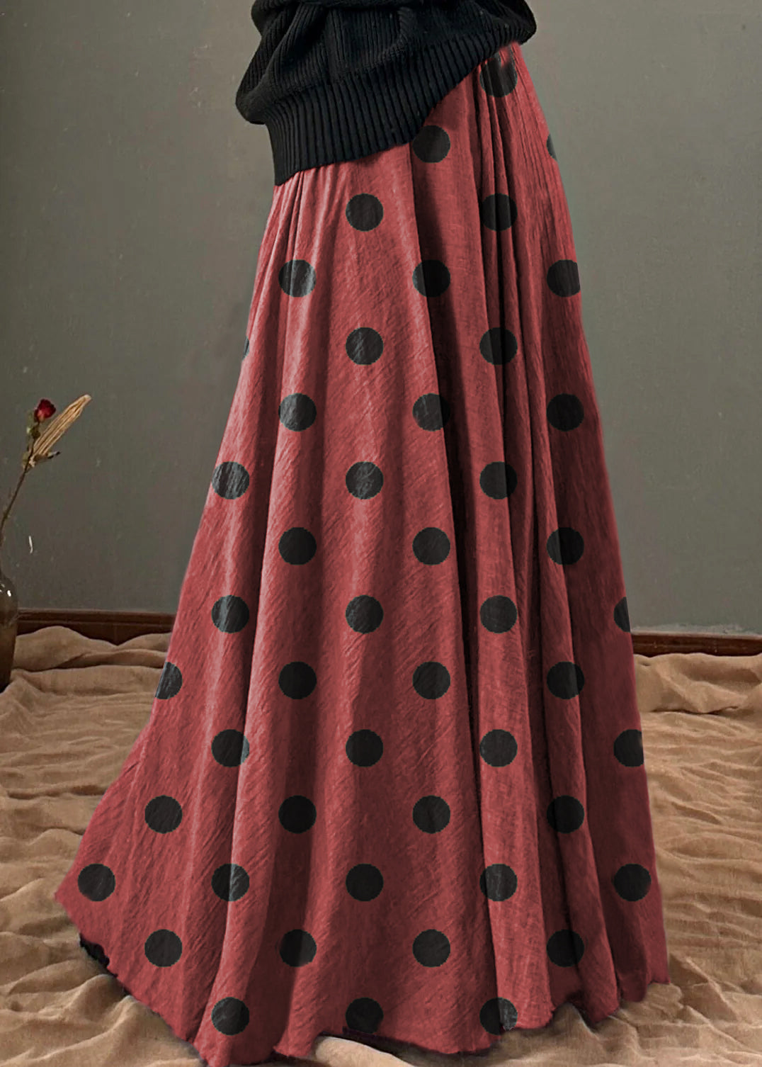 Unique White Polka Dots Elastic Waist Exra Large Hem Cotton Skirt Spring