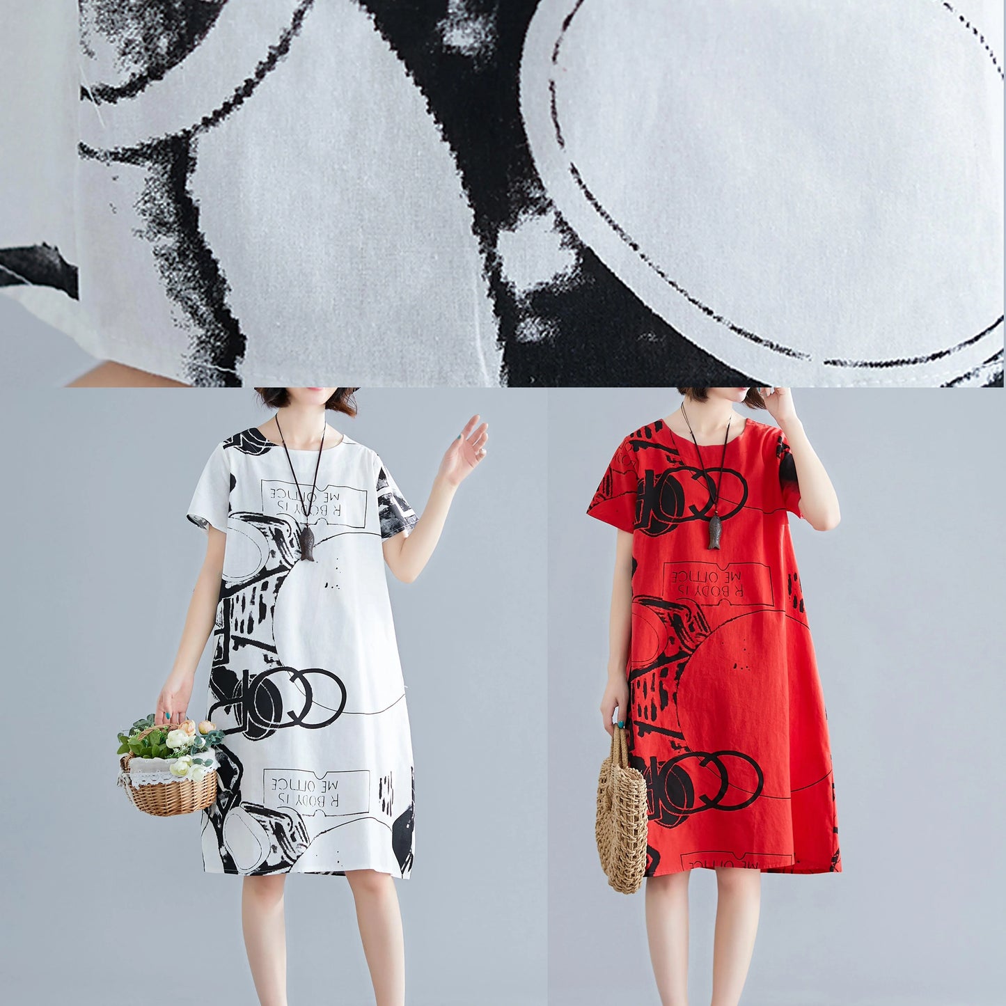 Classy White Print Linen Wardrobes O Neck Short Sleeve Shift Summer Dress