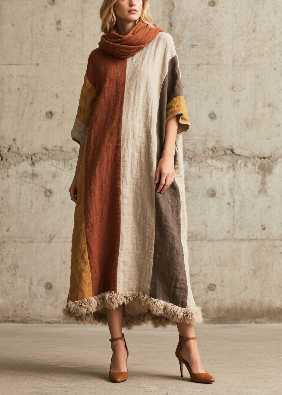 Simple Colorblock Oversized Patchwork Faux Fur Maxi Dresses Summer